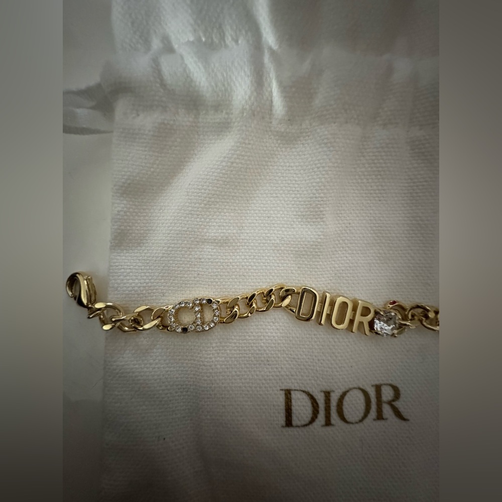 Authentic Christian Dior Gold Finish Logo Bracelet With Rhinestone CD Accents ✨